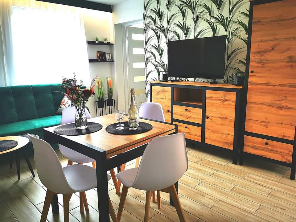 Widok apartamentu — przestronne wnętrze z aneksem kuchennym